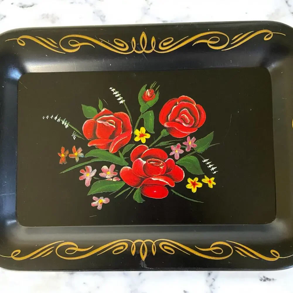 Vintage Black & Gold Metal Red Rose Flower Floral Decorative Tray Catchall